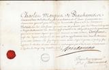 Document (Certificat d'admission du baron de Longueuil dans l'ordre militaire de St-Louis, le 25 août 1734)