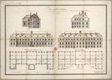 Plans, profils et élévation du deuxième palais de l'Intendant. Vue de la façade avant à gauche et de la façade arrière à droite. Par Gaspard-Joseph Chaussegros de Léry, 1718.