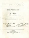 Création d'Hydro-Québec. Couverture du projet de loi 17, intitulé Loi établissant la Commission hydroélectrique de Québec, signé par le Lieutenant-Gouverneur du Québec Eugène Fiset