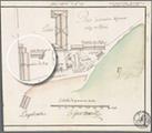 Plan du site du deuxième palais de l'Intendant. Les magasins du Roy sont mis en évidence. Claude-Dorothée Laguer de Morville, 1717.