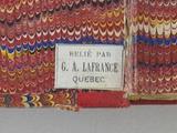 Livre (Glossaire franco-canadien et vocabulaire de locutions vicieuses usitées au Canada). Ex-libris (étampe du relieur)