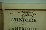 Livre (L'histoire de l'Amérique (Volume I)). Signature de Saveuse de Beaujeu