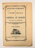 Brochure (Lecture publique par J.A. Mousseau, écuyer, avocat, sur Cardinal et Duquet, victimes de 37-38 : prononcée lors du 2nd anniversaire de la fondation de l'Institut canadien-français, le 16 mai 1860). Page de titre