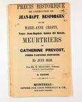 Brochure (Précis historique de l'exécution de Jean-Bapt. Desforges et de Marie Anne Crispin, veuve Jean-Baptiste Gohier dit Belisle, meurtriers de Catherine Prévost, femme d'Antoine Desforges, 25 juin 1858). Page de titre