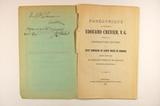 Brochure (Panégyrique du Révérend Édouard Crevier, V.G. : prononcé à la distribution des prix au Petit séminaire de Sainte-Marie de Monnoir le 30 juin 1881). Page de titre avec dédicace