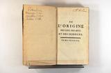 Livre (De l'origine des loix, des arts, et des sciences; et de leurs progrès chez les anciens peuples (Tome I)). Intérieur de l'imprimé avec signature