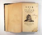 Livre (Loix de Platon (Tome III)). Page de titre avec signature