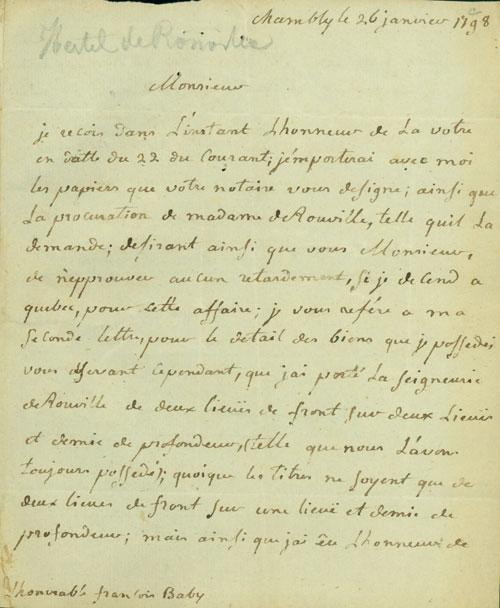 Document (Lettre de Hertel de Rouville à François Baby) Répertoire du