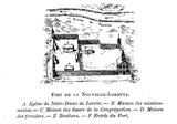 Site archéologique de Fort-Lorette. Représentation de fort Lorette tirée de C.-P. Beaubien, Le Sault-au-Récollet: ses rapports avec les premiers temps de la colonie: mission - paroisse, Montréal, C. Beauchemin et fils, 1898, p. 238.