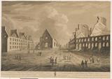 Guerre de la Conquête. Vue de l'église de Notre-Dame-de-la-Victoire, bâtie en mémoire de la levée du siège de 1695 et démolie en 1759. Eau-forte. Antoine Benoist, d'après Richard Short.